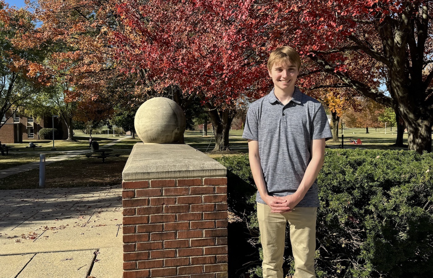 Carter Fehlinger, Leadership Scholarship winner, outside Trexler Library