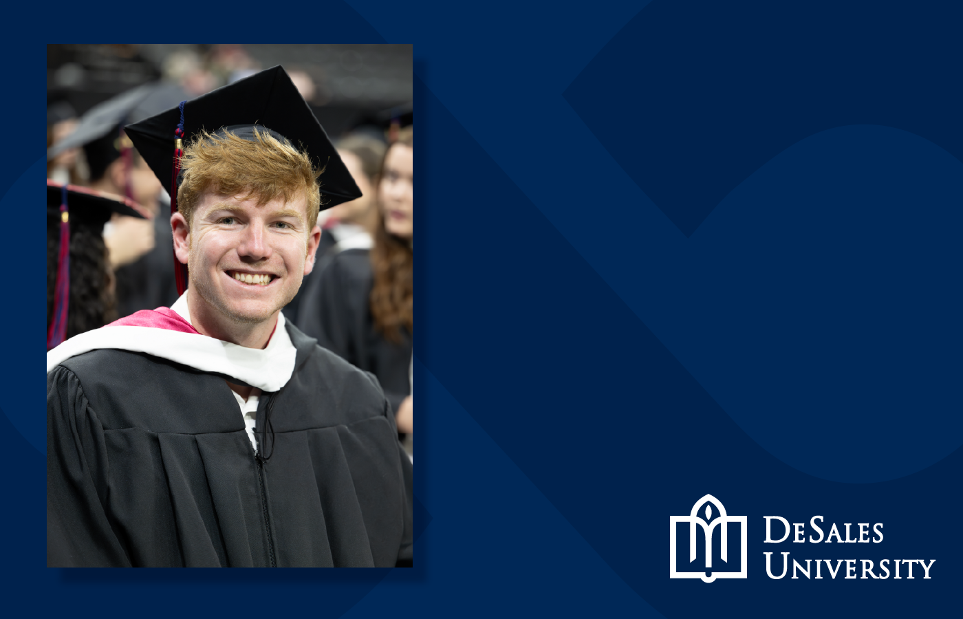 Quinten Lyons at Commencement with DeSales background