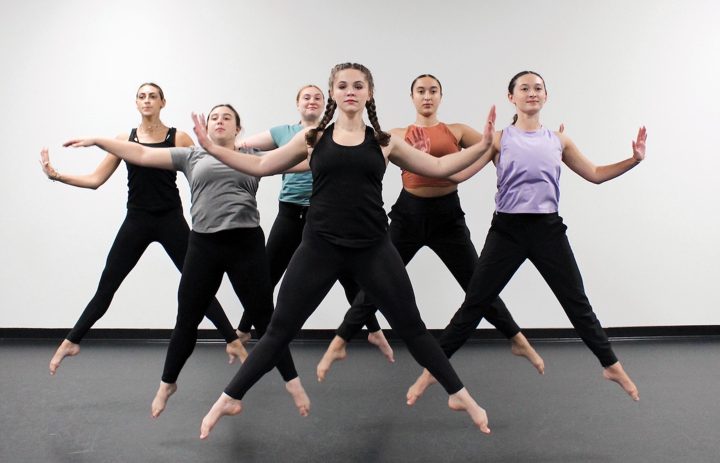 Rehearsal photo from “Amity,” a work choreographed by Isabella Trocino that will be performed at DeSales University’s Emerging Choreographers Concert. (Photo by Lena Eaton.)   